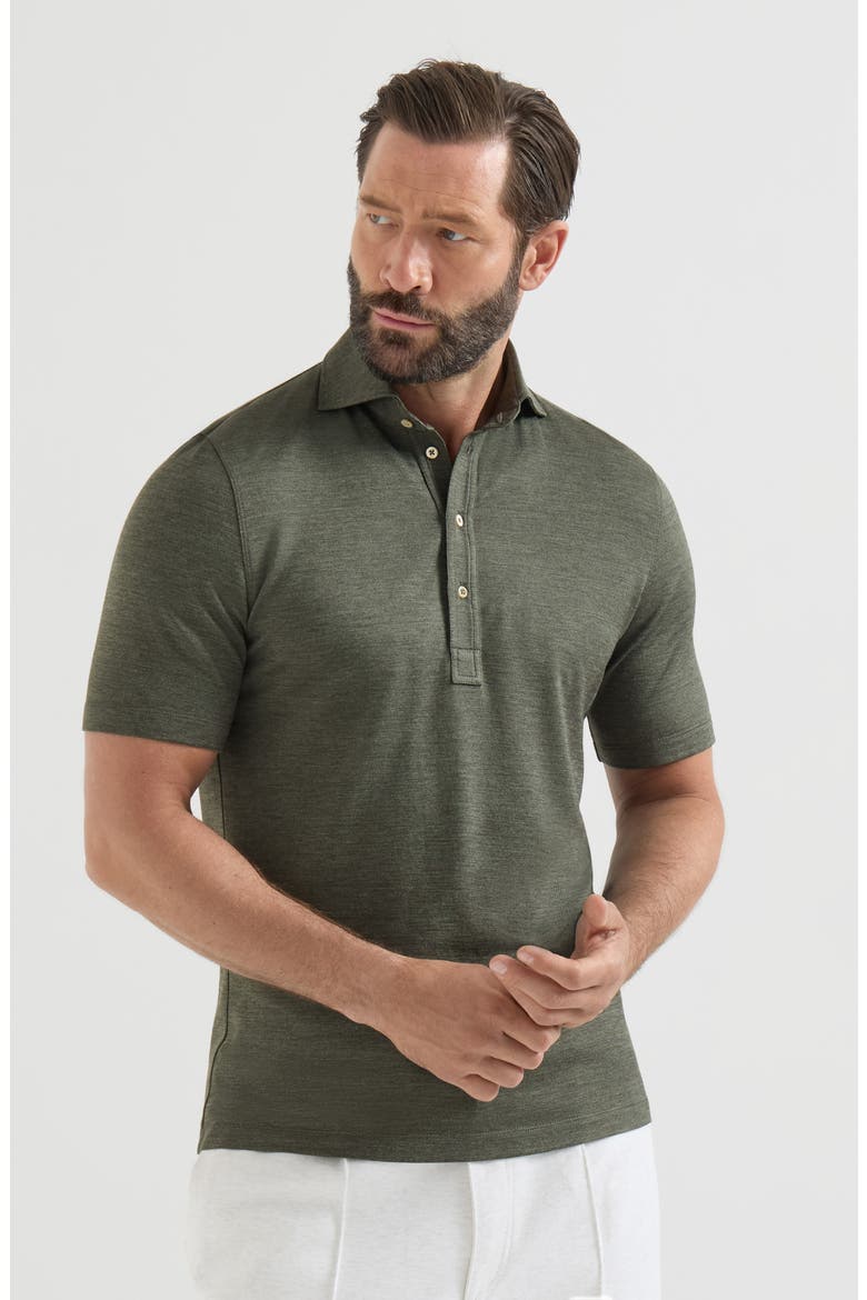 Virgin wool, silk and cotton piqué polo shirt with spread collar, Main, color, Military