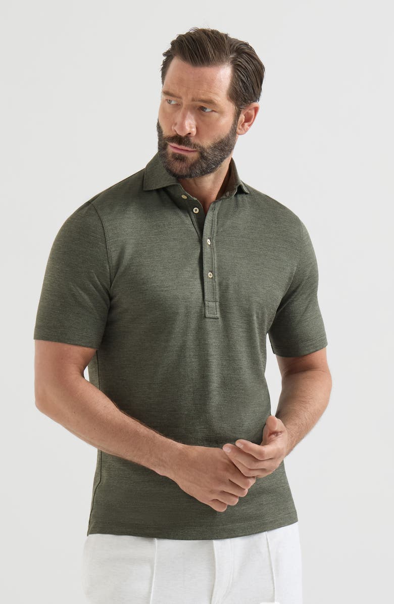 Brunello Cucinelli Virgin wool, silk and cotton piqué polo shirt with spread collar, Main, color, Military