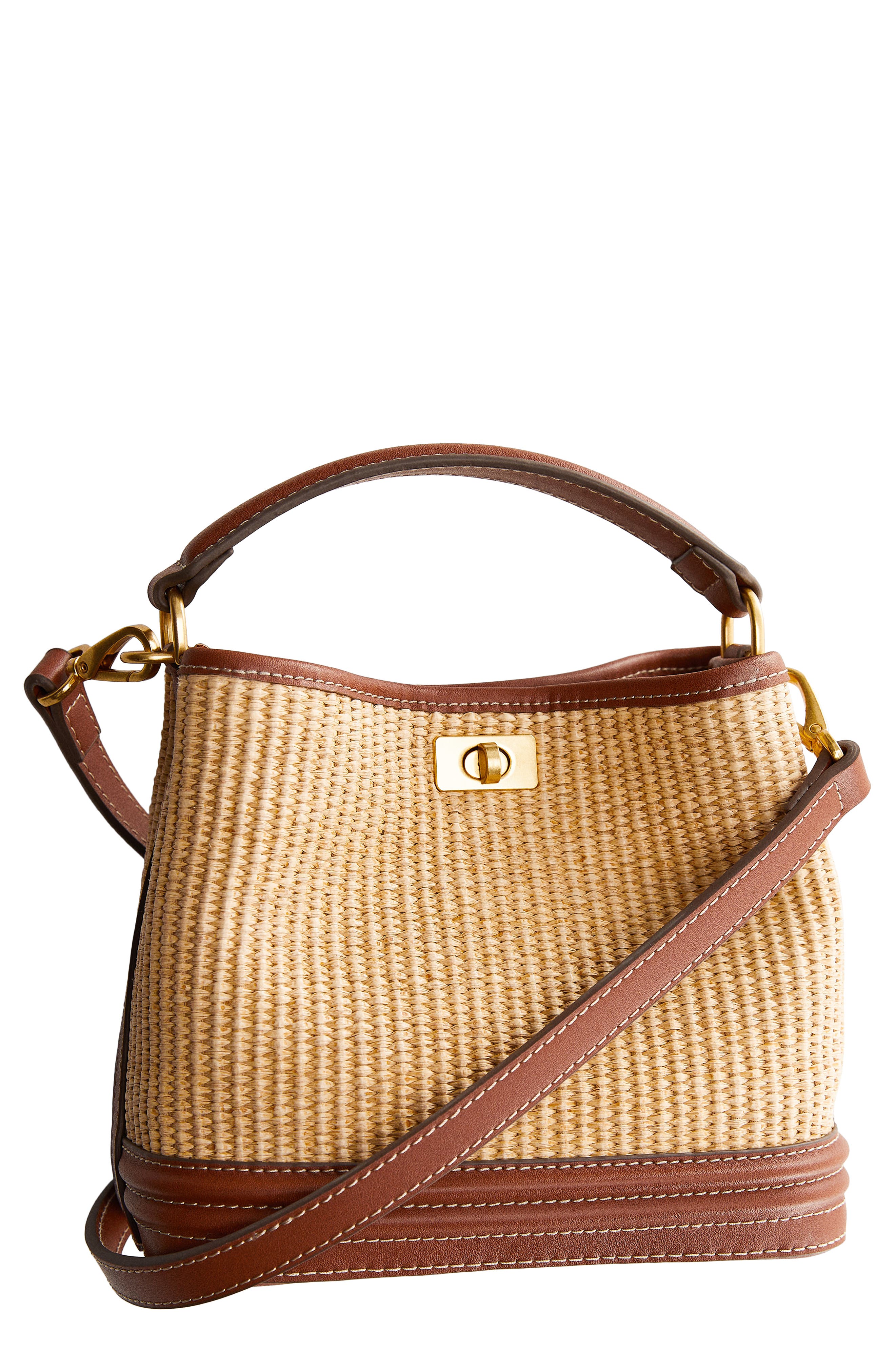 MANGO Raffia Effect Bucket Bag, Main, color, 