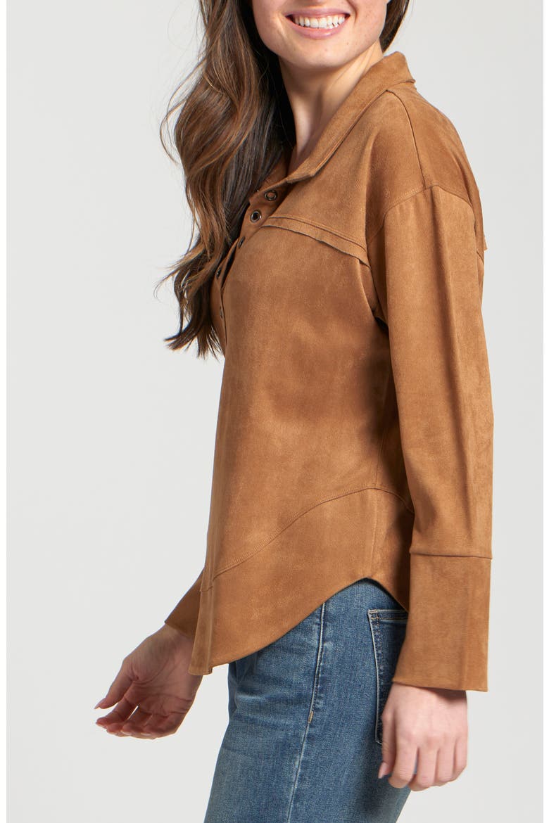 Faux Leather Henley Top, Alternate, color, CARAMEL