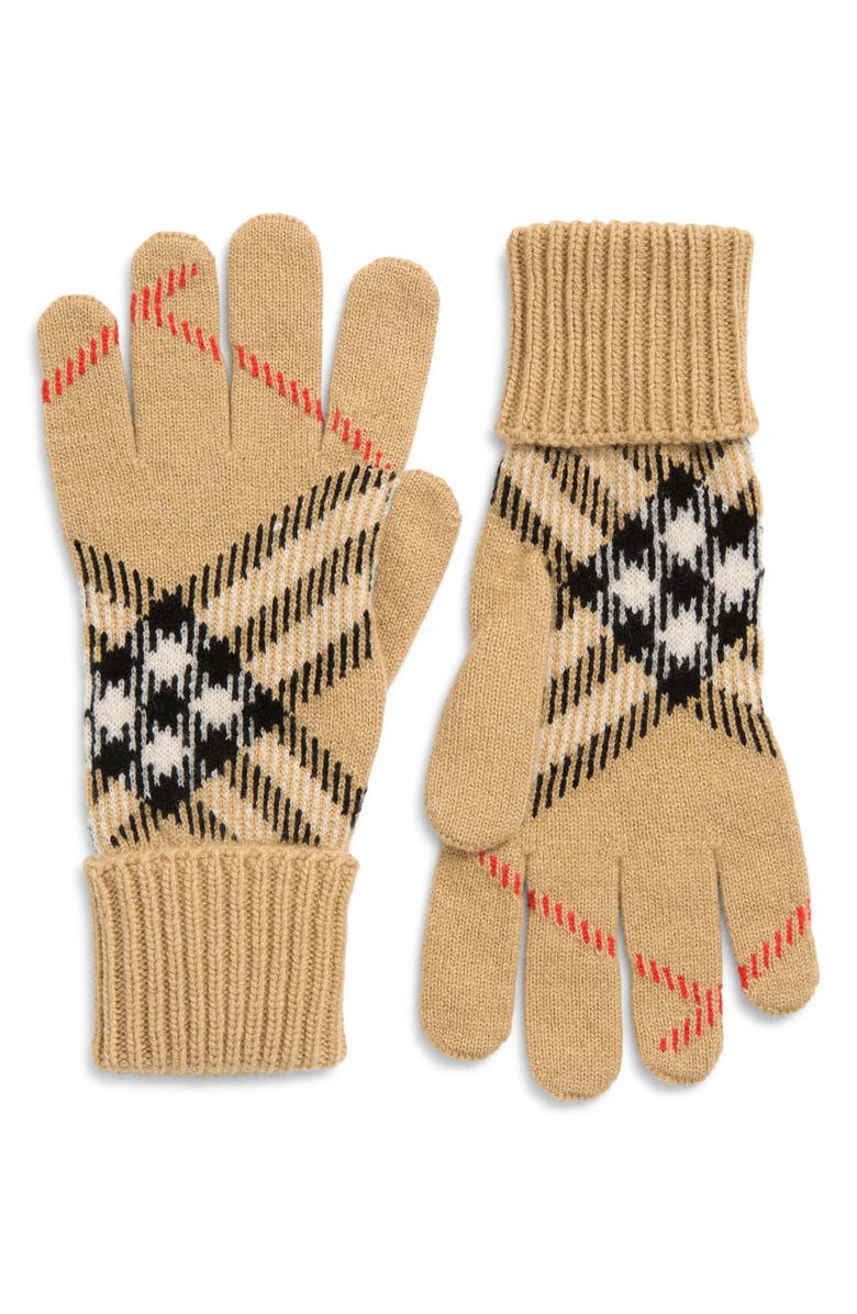 Burberry Large Core Check Cashmere Blend Gloves, Main, color, Sand