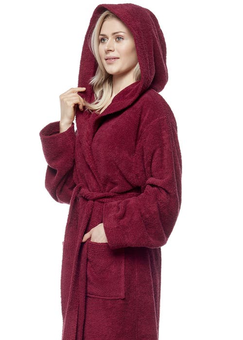 Arus Cotton Full Length Hooded Bathrobe In Burgundy