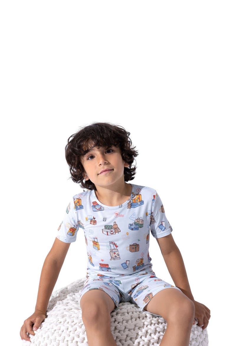 Vintage Suitcases Kids 2-Piece Short Sleeve & Shorts Pajama Set, Alternate, color, Vintage Suitcases