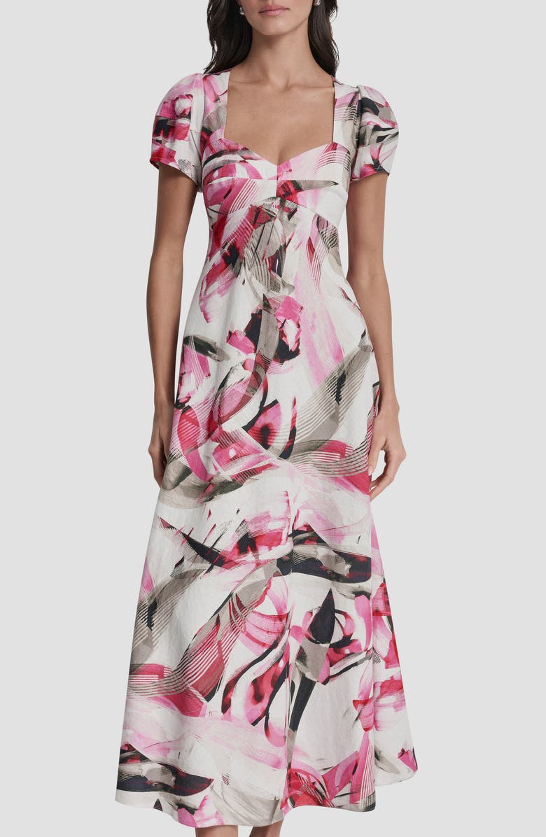 DKNY Print Short Sleeve Midi Dress, Alternate, color, Spring Wisps