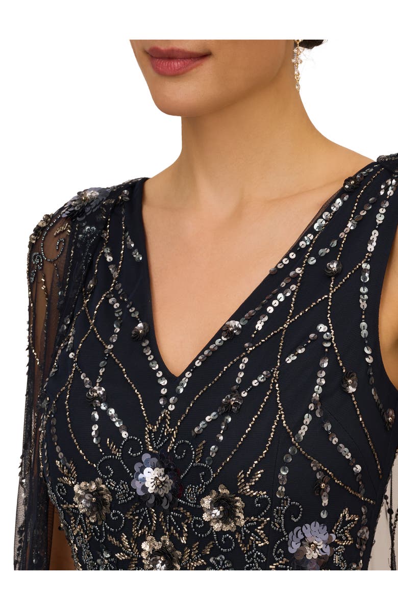 Adrianna Papell Beaded Sequin Long Sleeve Cape Overlay Column Gown, Alternate, color,