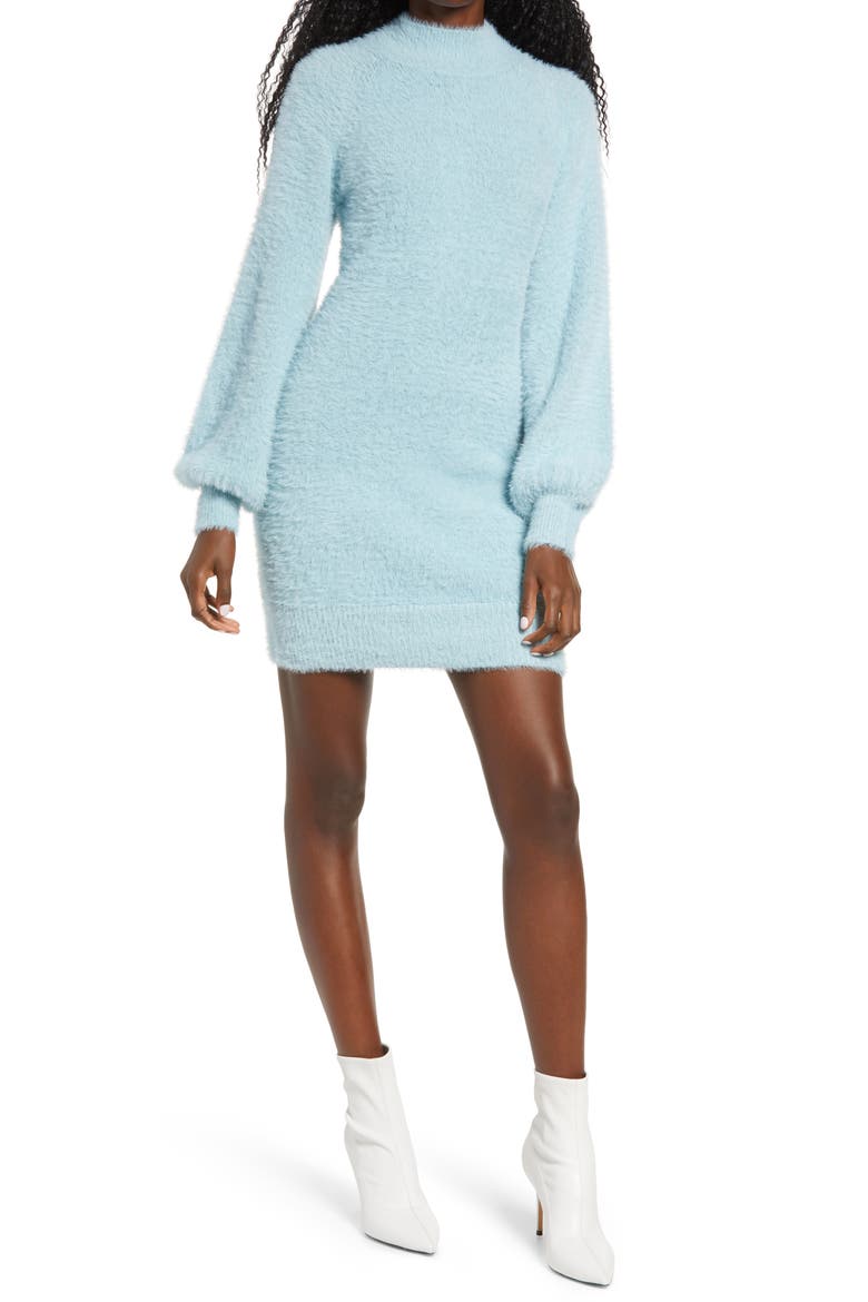 Long Sleeve Fuzzy Sweater Minidress, Main, color, DARK BLUE