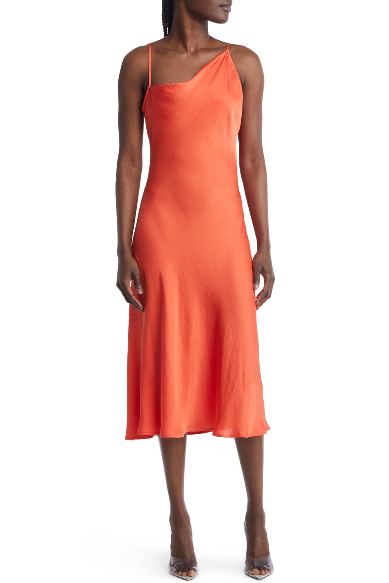 Asymmetrical Neck Satin Dress, Main, color, RED MANDARIN
