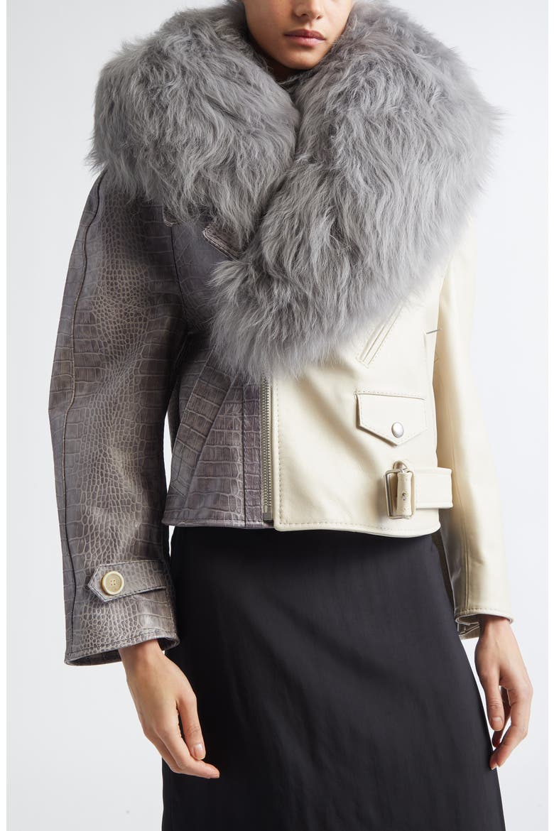 Leather Biker Jacket with Genuine Shearling Collar, Alternate, color, PEARL