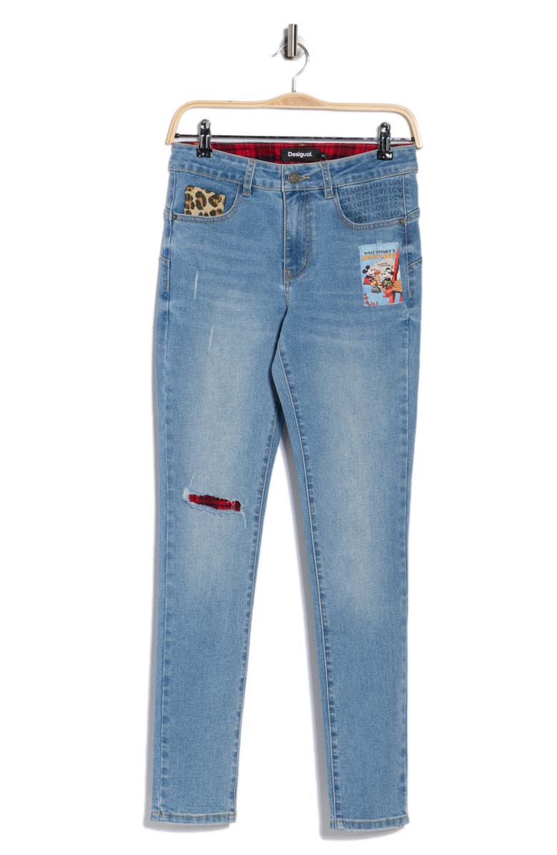 Desigual Mickey Mouse Patchwork Skinny Jeans, Main, color, Medium Blue