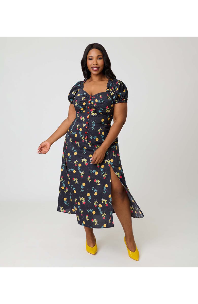 Unique Vintage Plus Size Sweetheart Midi Dress, Main, color, Black Floral Print