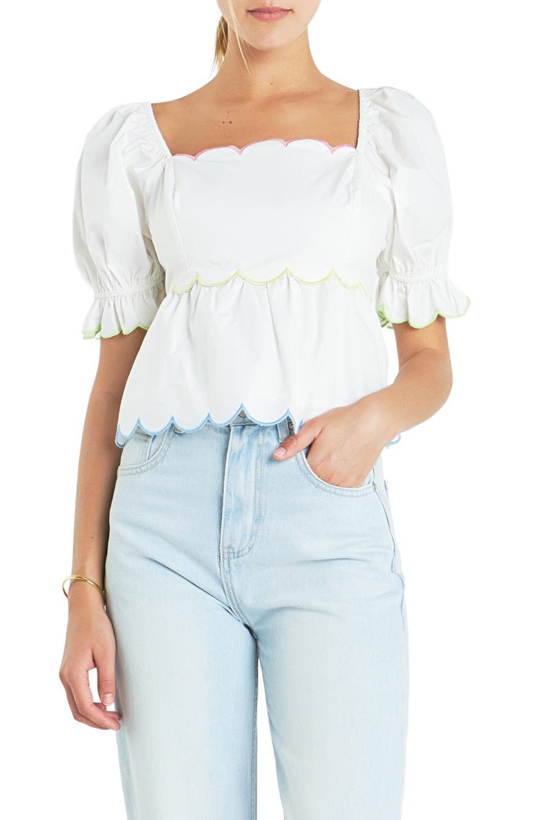 English Factory Scallop Cotton Peplum Top, Main, color, White
