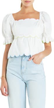 English Factory Scallop Cotton Peplum Top