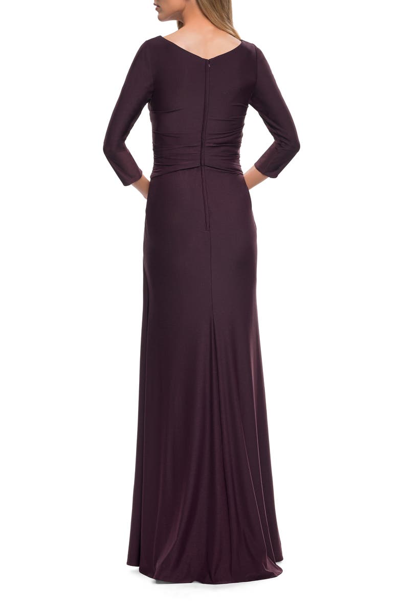 La Femme Ultra Soft Jersey Long Dress with Three-Quarter Sleeves, Alternate, color, Dark Garnet
