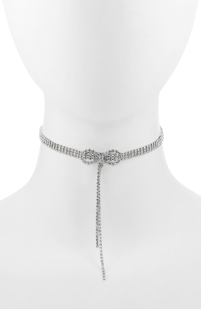 BP. Sparkle Bow Choker Necklace, Main, color, Rhodium