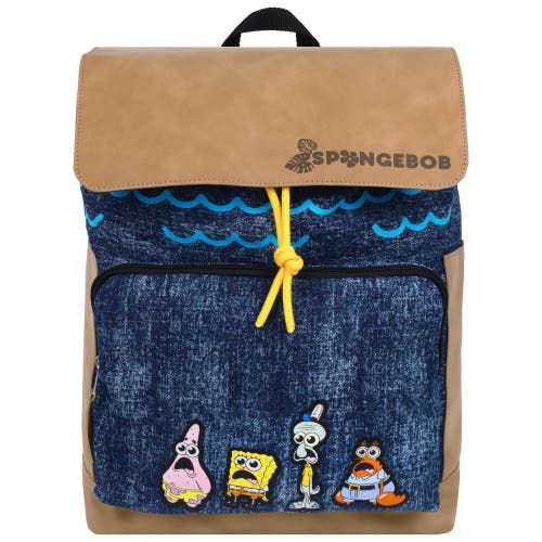 Nick Spongebob Denim & Nubuck Backpack With Embroidered Patch In Multi