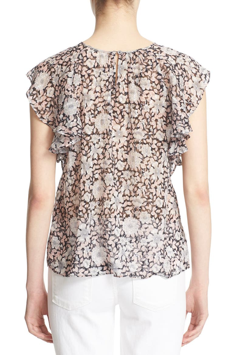Floral Print Ruffle Sleeve Silk Top, Alternate, color, BLACK/ CAMEO