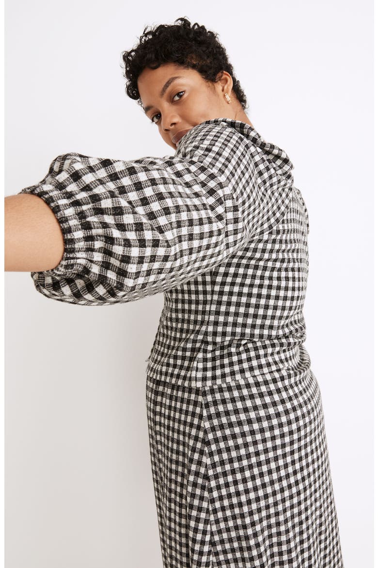 Gingham Puff Sleeve Button Front Crop Top, Alternate, color, TRUE BLACK