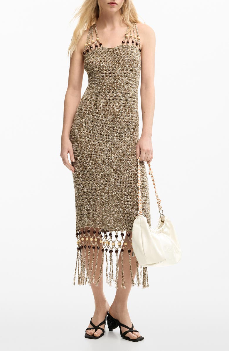 Desigual Macramé Strap Fringe Sweater Dress, Main, color, Brown