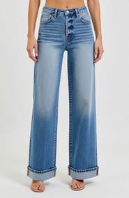 Modenaire Wide Leg Button-Fly Cuffed Jeans with Front Patch Pockets