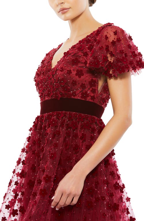 Mac Duggal Embellished Butterfly Sleeve Velvet Hem Midi Dress In Burgundy