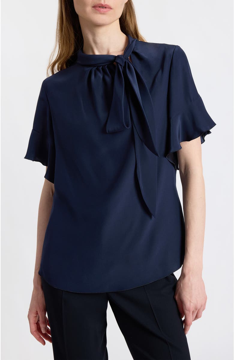 Santorelli Athena Silk Blouse with Short Flutter Sleeves, Main, color, Midnight