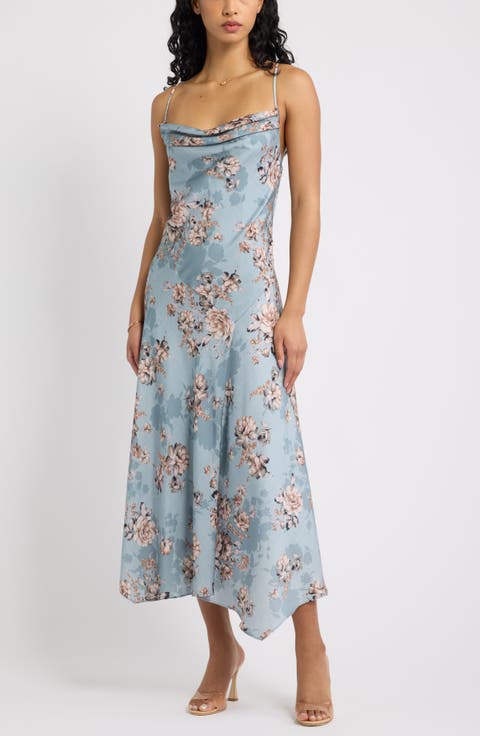 Cowl Neck Seamed Satin Midi Dress