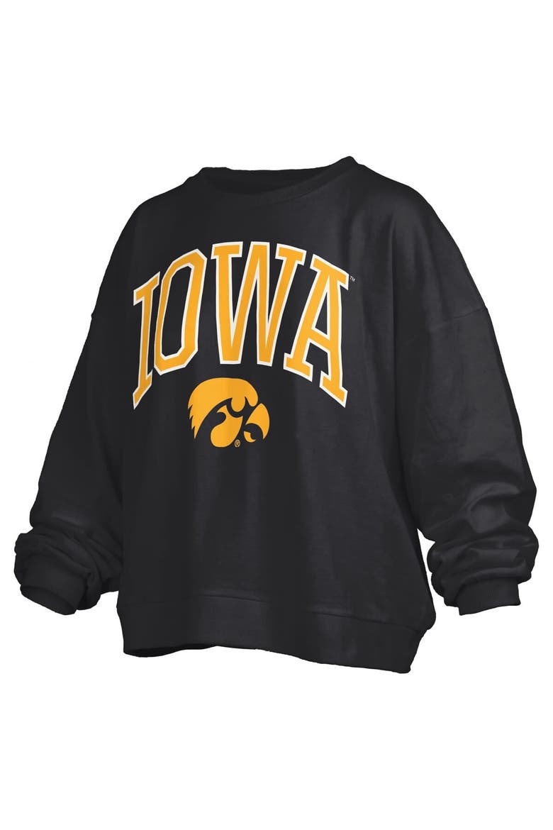 Women's Pressbox Black Iowa Hawkeyes Janise Arch Over Logo Waist Length Oversized Pullover Sweatshirt, Alternate, color, Black