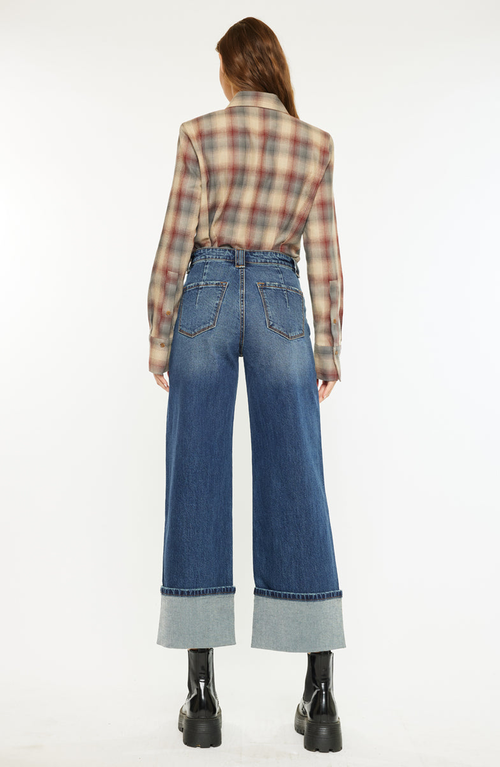 Kancan Beanie High Rise Ankle Wide Leg Jeans In Dark Wash