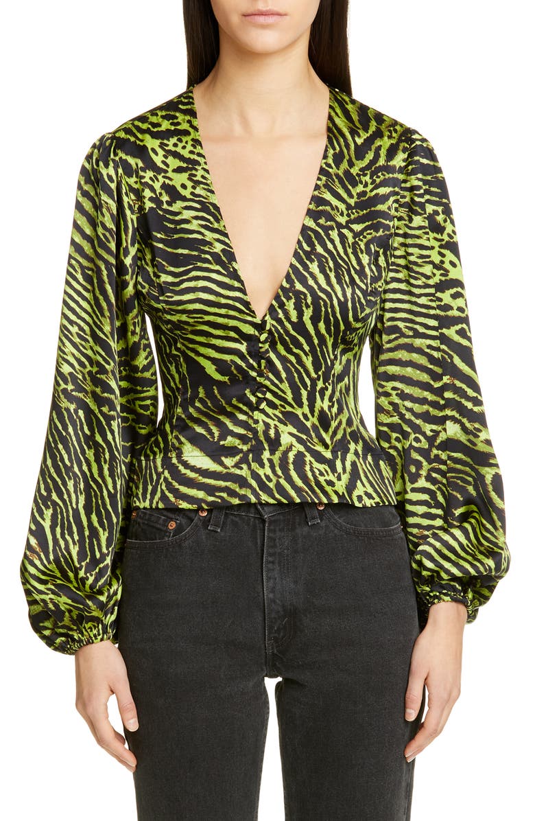 Ganni Tiger Print Silk Satin Blouse, Main, color, 