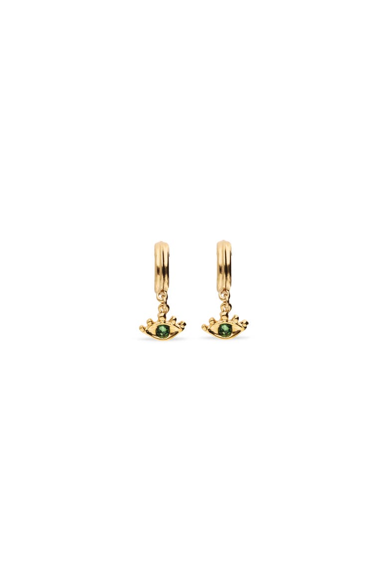 18K Gold-Plated Hoop Earrings with Eye Detail with Green Crystal, Alternate, color, Gold