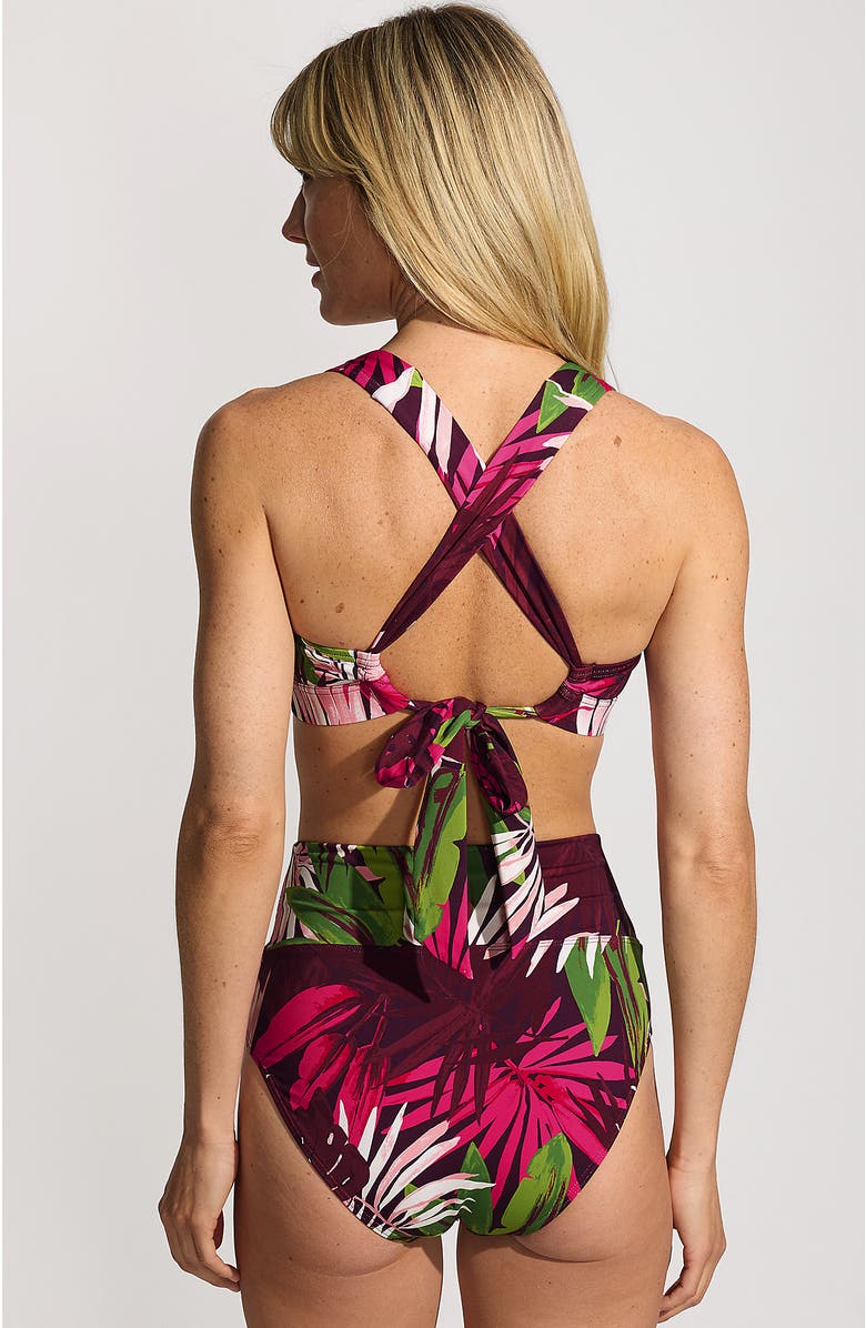 Lands' End Chlorine Resistant V-neck Midkini Swimsuit Top and High Leg High Waisted Bottoms 2 Piece Set, Alternate, color, Dark Wine Multi Tropical Palm