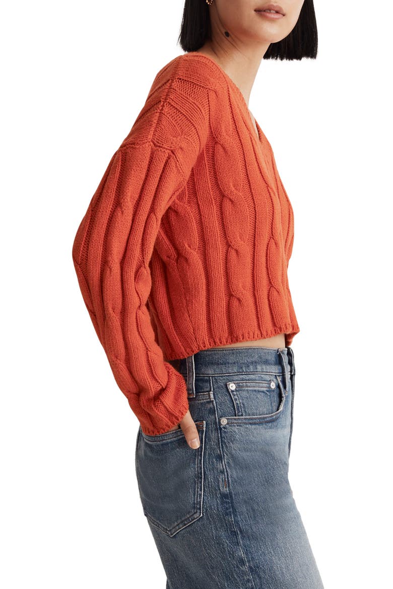 Cable Knit V-Neck Crop Sweater, Alternate, color, ROASTED SQUASH