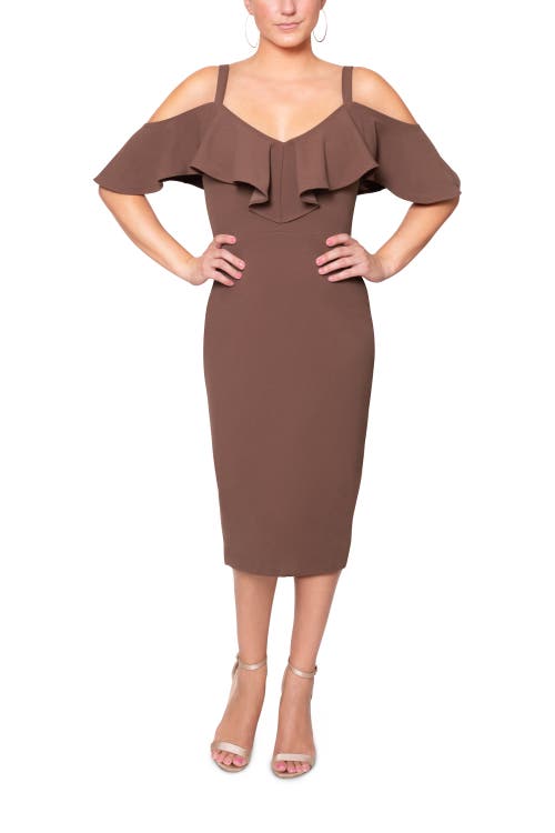 RACHEL Rachel Roy Marcella Off the Shoulder Ruffle Midi Dress in Mocha 
