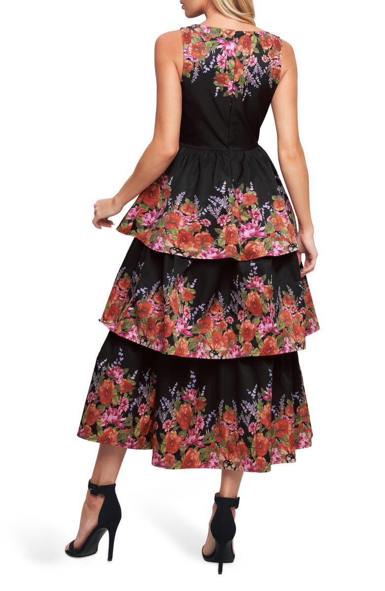 FLYING TOMATO Floral Tiered Midi Dress, Alternate, color, Black