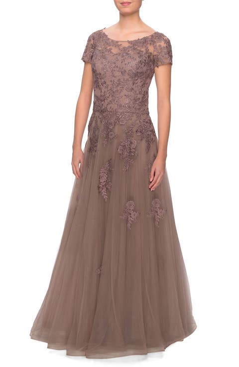 A-line Formal Gown with Floral Lace Appliques