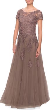 La Femme A-line Formal Gown with Floral Lace Appliques