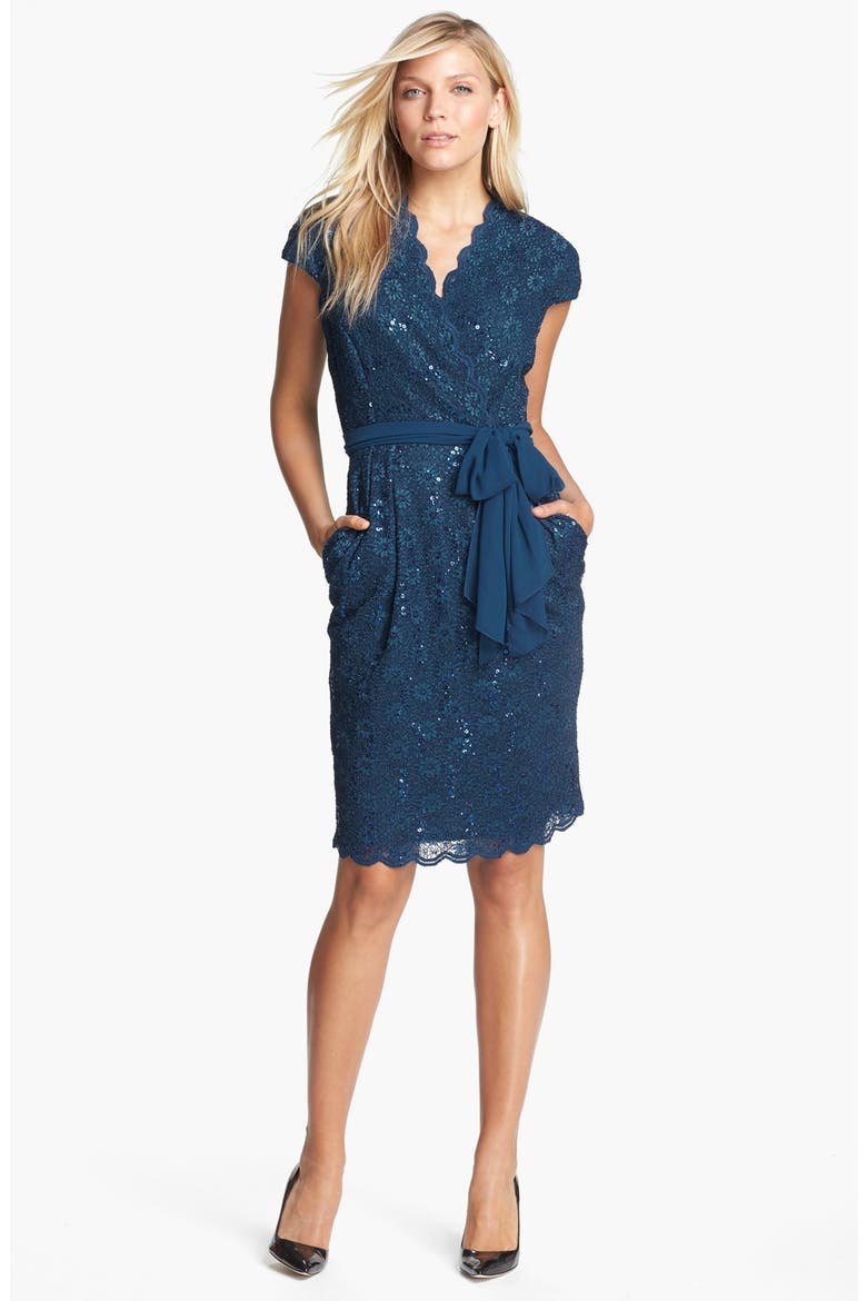 Scalloped Lace Surplice Dress, Main, color, PRUSSIAN BLUE