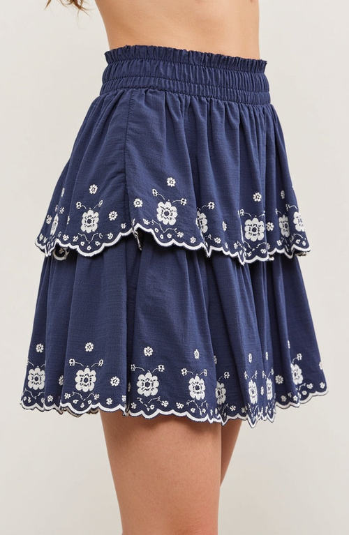 Modenaire Tiered Eyelet Embroidered Ruffle Shorts With Smocked Waist In Navy Blue