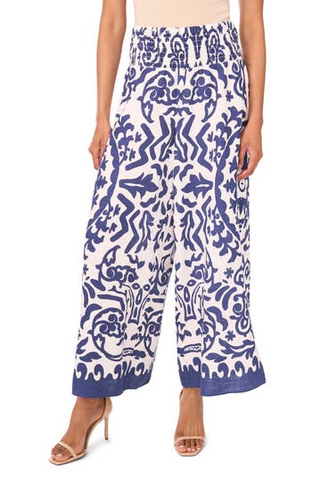 Vince Camuto Printed Smocked Waist Wide Leg Pants In Blue