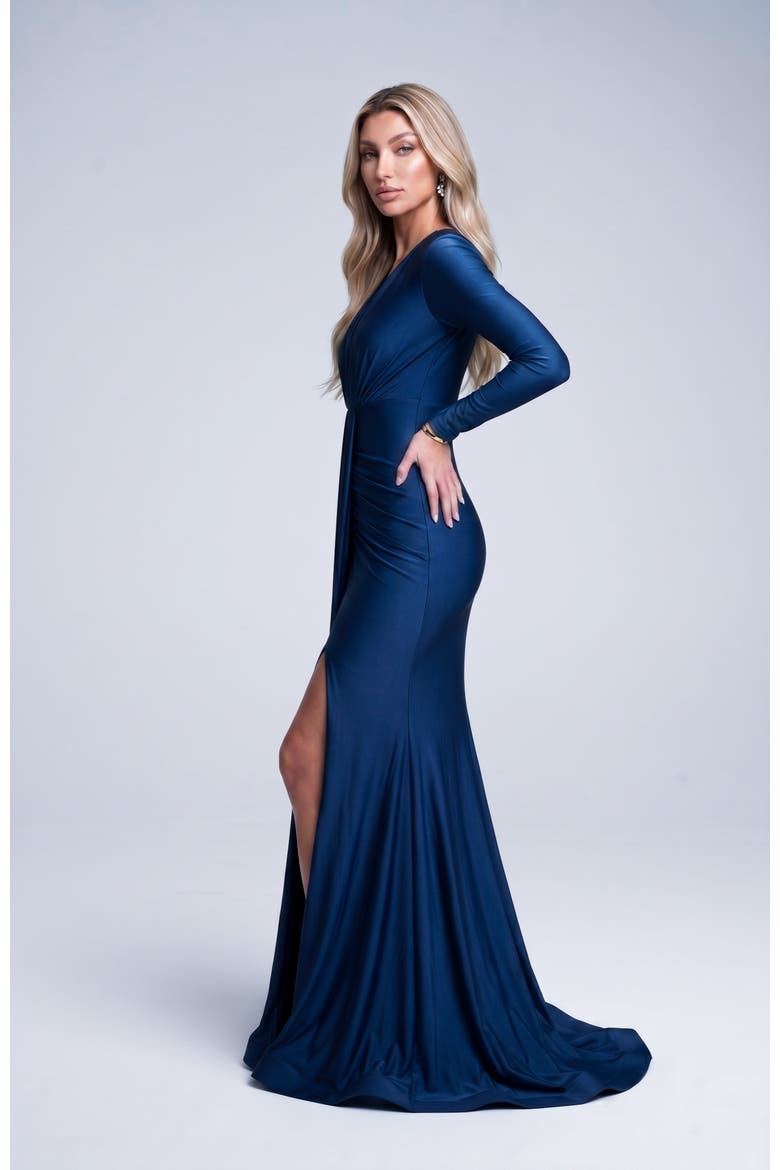 Ruched Long Sleeve Slit Mermaid Gown, Alternate, color, Navy