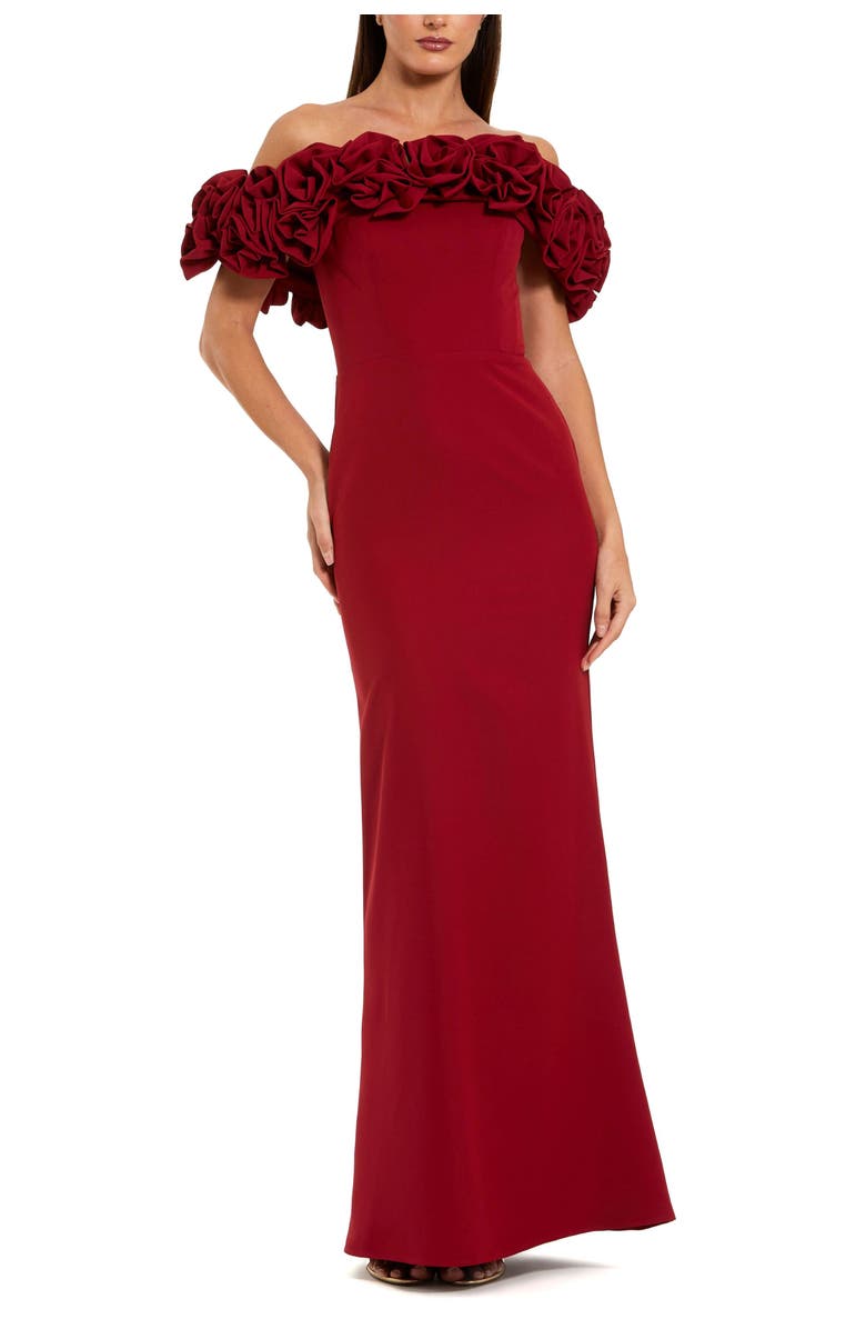 Mac Duggal Crepe Off The Shoulder Column Gown With 3D Roses, Main, color, Ruby