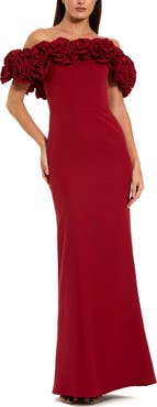 Mac Duggal Crepe Off The Shoulder Column Gown With 3D Roses