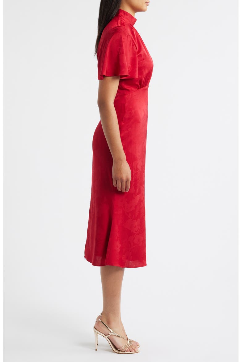 Floral Jacquard Satin Flutter Sleeve Midi Dress, Alternate, color, RED