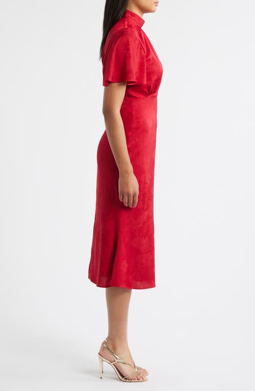 Julia Jordan Floral Jacquard Satin Flutter Sleeve Midi Dress In Red