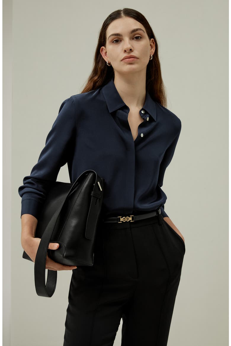 Women's Graceful Button Up Silk Blouse, Alternate, color, Midnight Blue