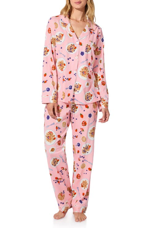 Print Long Sleeve Stretch Organic Cotton Jersey Pajamas (Regular & Plus)