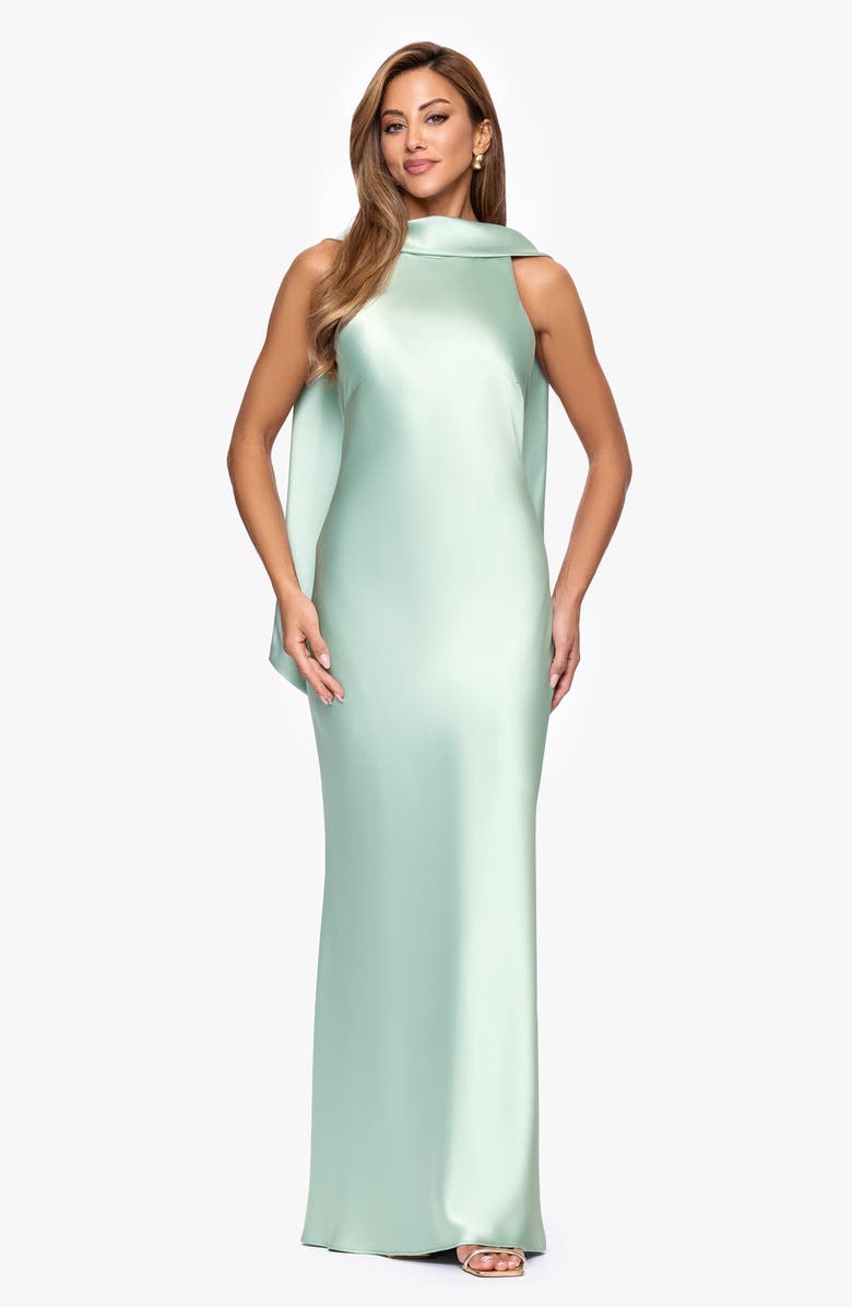 Xscape Evenings Satin Tie Back Mermaid Gown, Alternate, color, Sage
