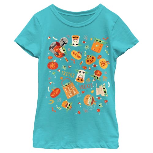 Star Wars: The Mandalorian Girl's Star Wars The Mandalorian Halloween Candy Collage  Graphic T-Shirt in Tahiti Blue  product