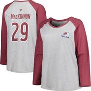 FANATICS Women's Fanatics Branded Nathan MacKinnon Heather Gray/Heather Burgundy Colorado Avalanche Plus Size Name & Number Raglan Long Sleeve T-Shirt