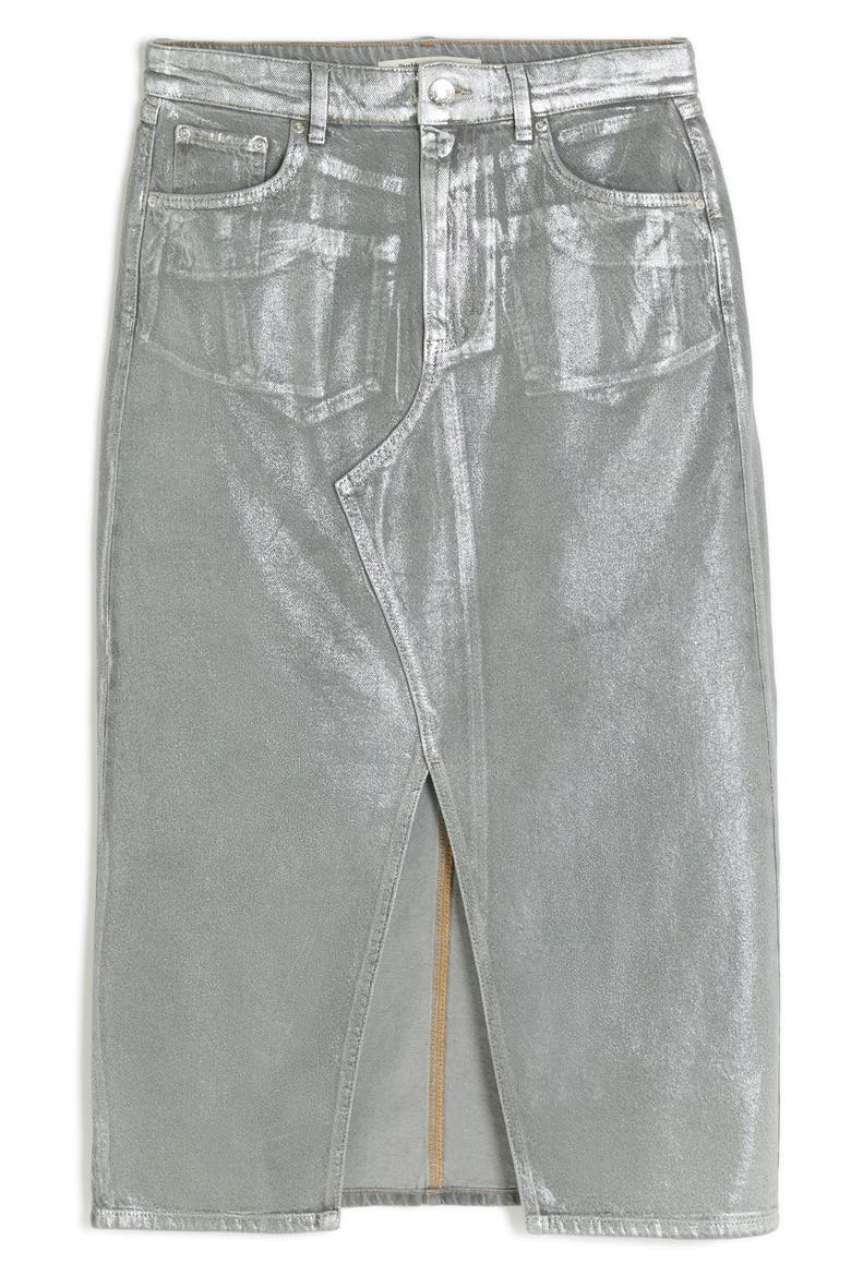 Metallic Coated Cotton Denim Midi Skirt, Alternate, color, GREY
